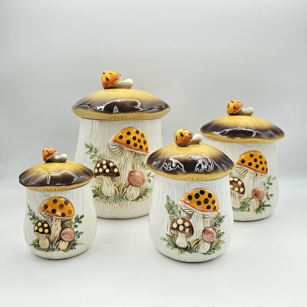 Vintage Sears Roebuck Merry Mushroom Canister Set of 4 Ceramic Decor Orange 1978